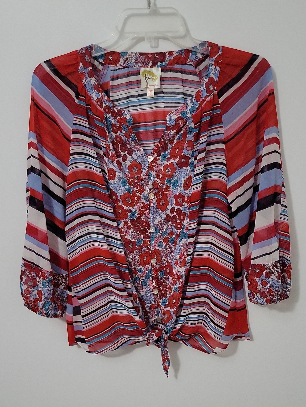 fig and flower Red Floral & Stripe Tie-Front Blouse, Size Medium Petite
